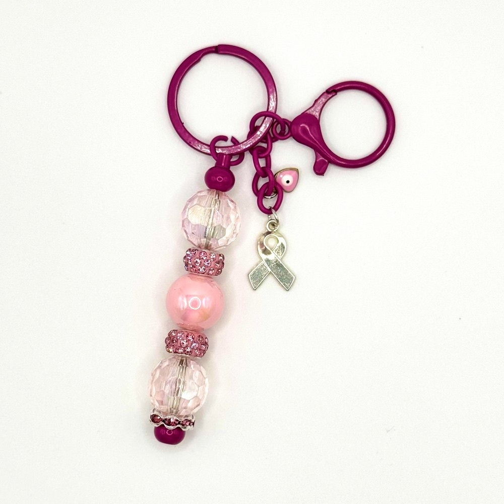 Pink Beaded Keychain with Ribbon Charm
